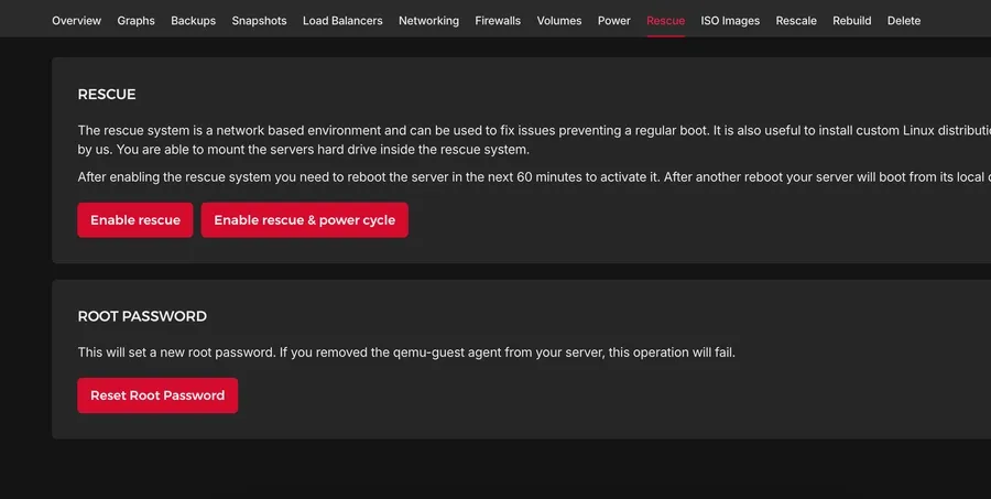 Hetzner Console Rescue dashboard with options to enable Rescue Mode, power-cycle the server, or reset the root password.